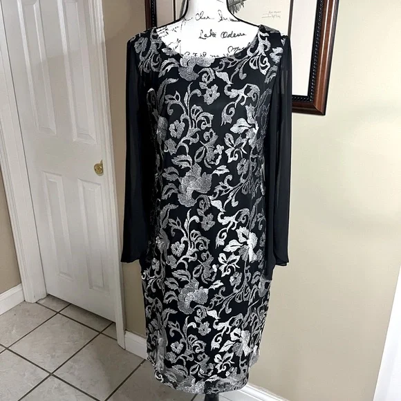 Gorgeous Black and Silver Dress Sheer Sleeves Size 10 Connected Apparel Gorgeous Black and Silver Dress Sheer Sleeves Size 10 Connected Apparel